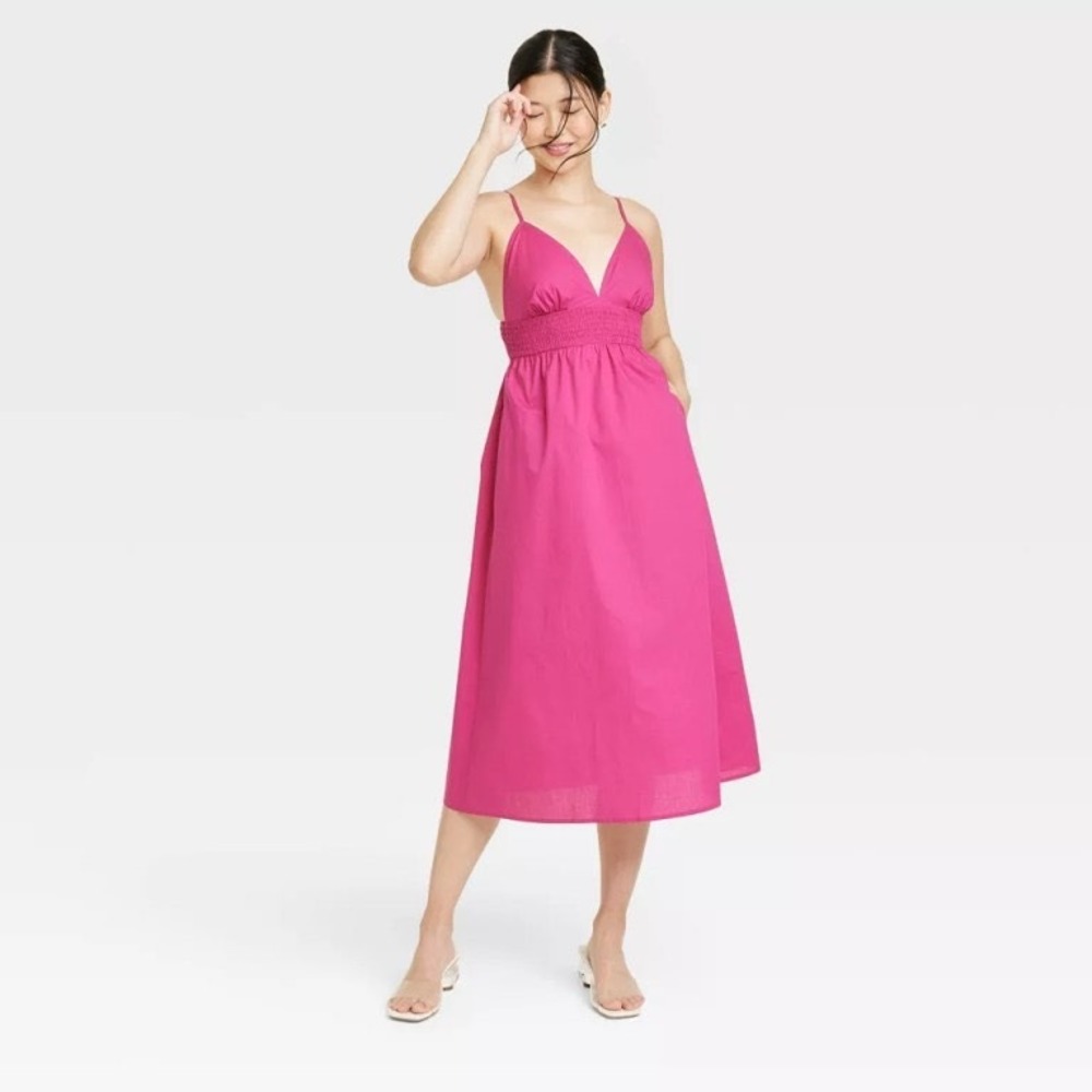 A New Day Fuchsia Cotton Smocked Waist Midi Dress Pockets Size L
